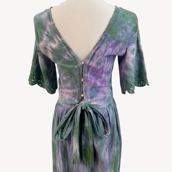 RARE Zara Tie Dye Crochet Eyelet Trim Tie Waist Peasant Croquette Maxi Dress - Picture 9 of 10